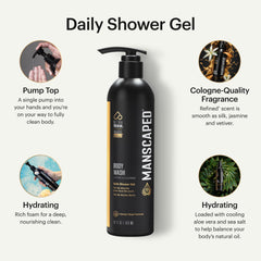 MANSCAPED UltraPremium Body Wash label close-up showing Aloe Vera and Sea Salt benefits