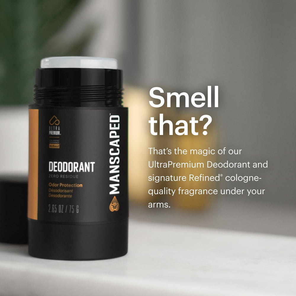 MANSCAPED UltraPremium Deodorant aluminum-free badge emphasizing stain-free clothing