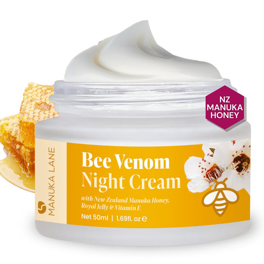 Manuka Lane Bee Venom Night Cream jar for overnight hydration.