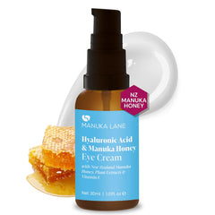 Manuka Lane Hyaluronic Eye Cream bottle for daily hydration and gentle under-eye care