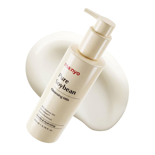 Manyo Pure Soybean Cleansing Milk bottle packaging showcases vegan formula for gentle cleansing.