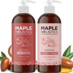Maple Holistics argan oil shampoo bottle highlighting shine and moisture
