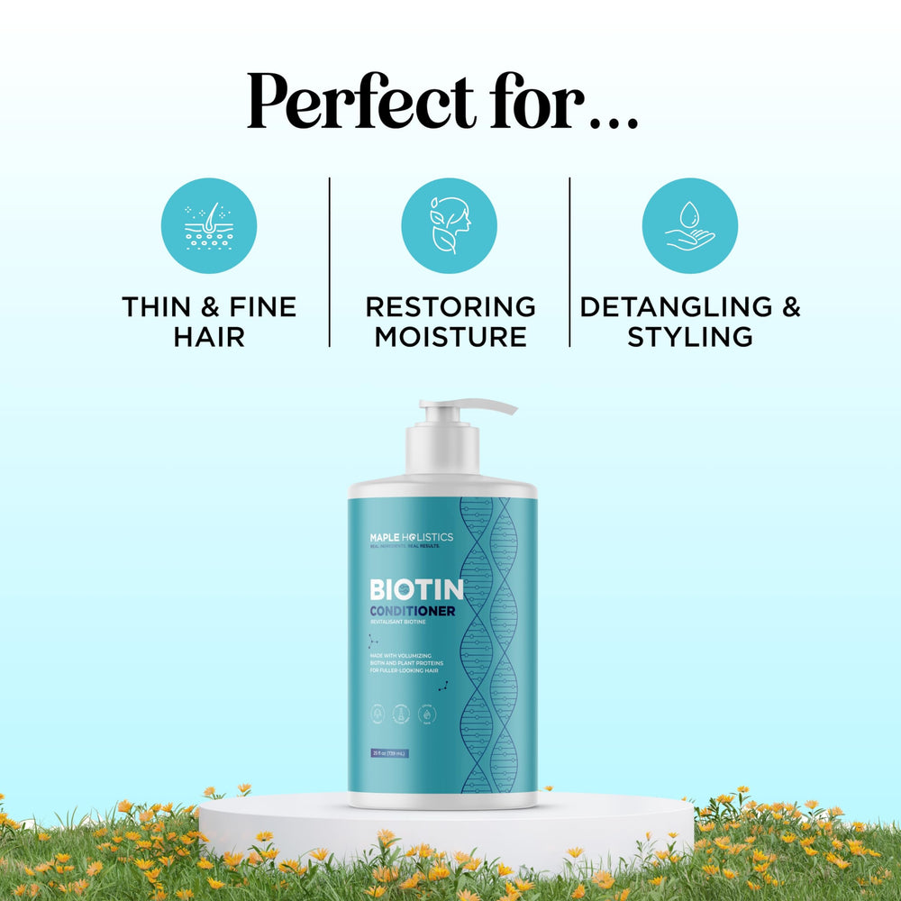 Maple Holistics Biotin Conditioner pump close-up for easy, gentle application
