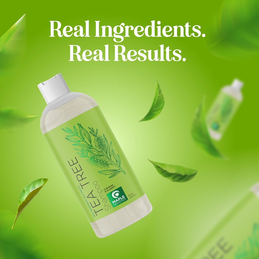 Maple Holistics clarifying shampoo bottle beside towel in daily routine.