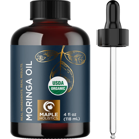 Maple Holistics Moringa oil bottle front showing organic purity for hair and skin