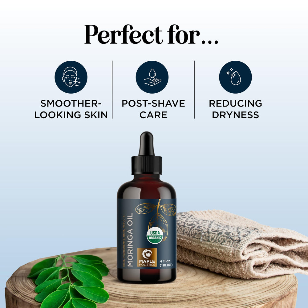 Maple Holistics Moringa oil on hands for quick facial and body moisture