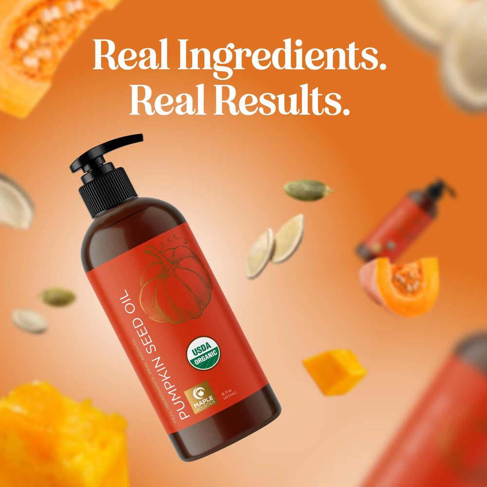Maple Holistics pumpkin seed oil bottle supports anti-aging skincare routine.