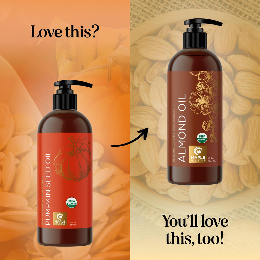 Maple Holistics pumpkin seed oil for hair application on damp strands.