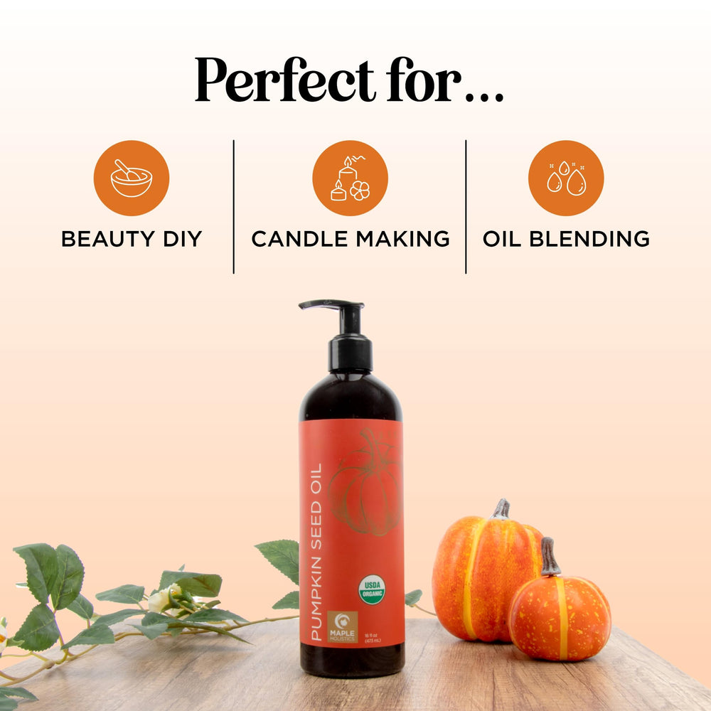Maple Holistics organic certification badge on pumpkin seed oil packaging.