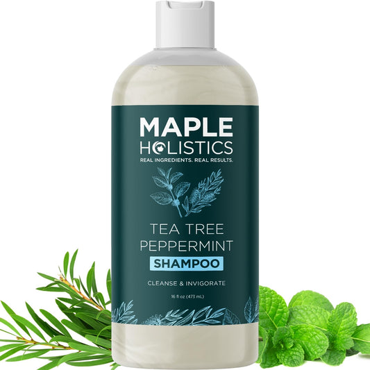 Maple Holistics Rosemary Tea Tree Mint Shampoo bottle refreshing cleanse for dry scalp balance.