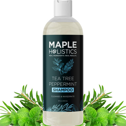 Maple Holistics rosemary tea tree mint shampoo clarifying for refreshed scalp.