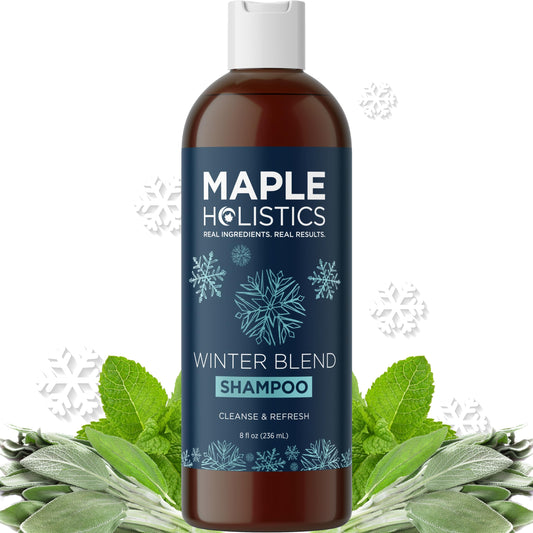 Maple Holistics sulfate-free hard water shampoo bottle promotes mineral buildup removal.