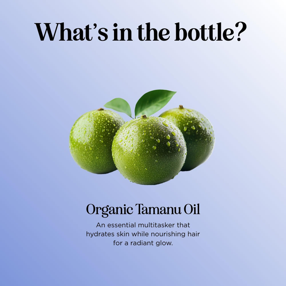 Maple Holistics Tamanu Oil bottle label showcasing organic non-GMO promise