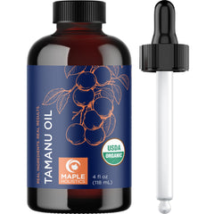 Maple Holistics Tamanu Oil bottle pouring for fast absorbing skin care