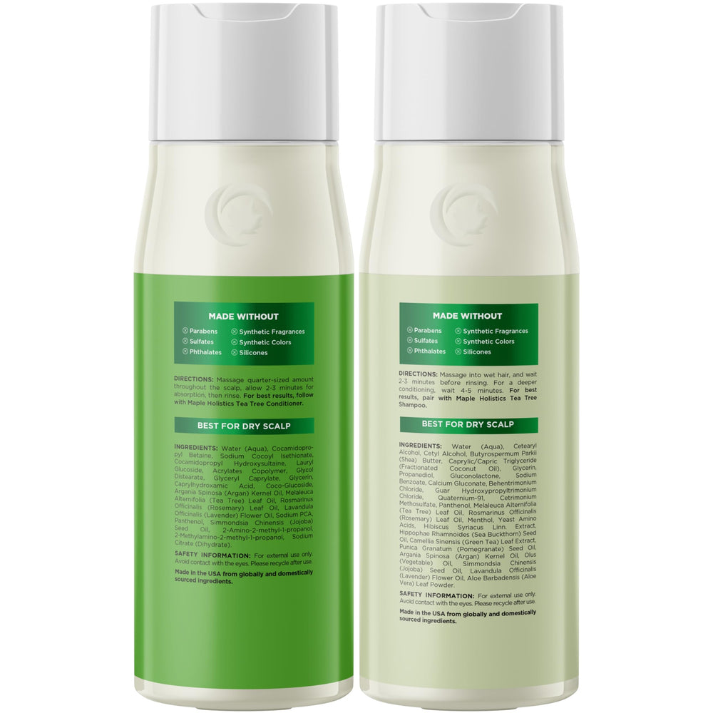 Maple Holistics Tea Tree Conditioner label closeup shows gentle, clarifying care.