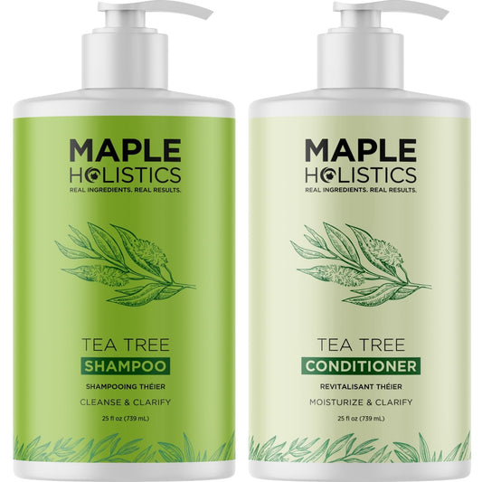 Maple Holistics Tea Tree Shampoo bottle front for refreshing cleanse on oily hair