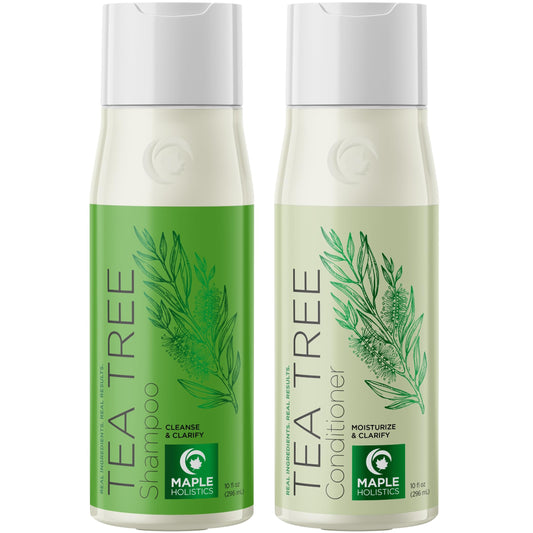 Maple Holistics Tea Tree Shampoo bottle shows sulfate-free cleansing for oily scalp.