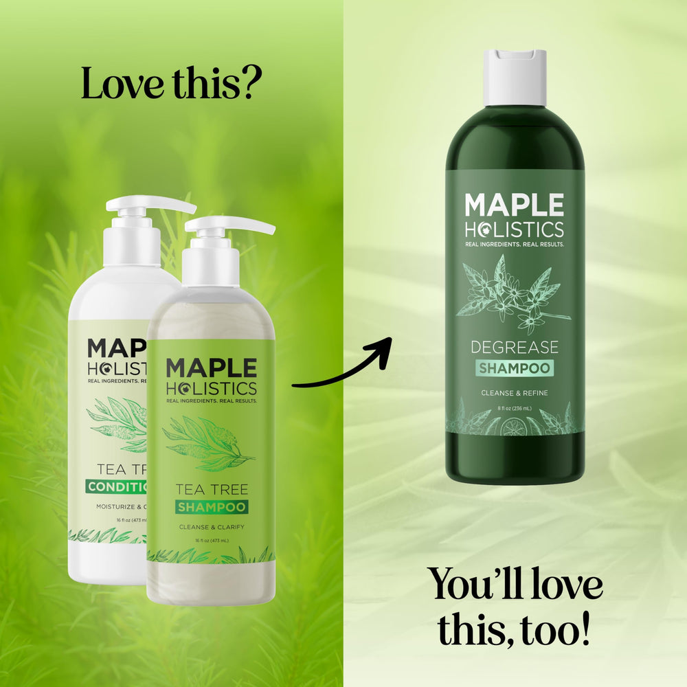 Maple Holistics Tea Tree Shampoo label details emphasize sulfate-free ingredients