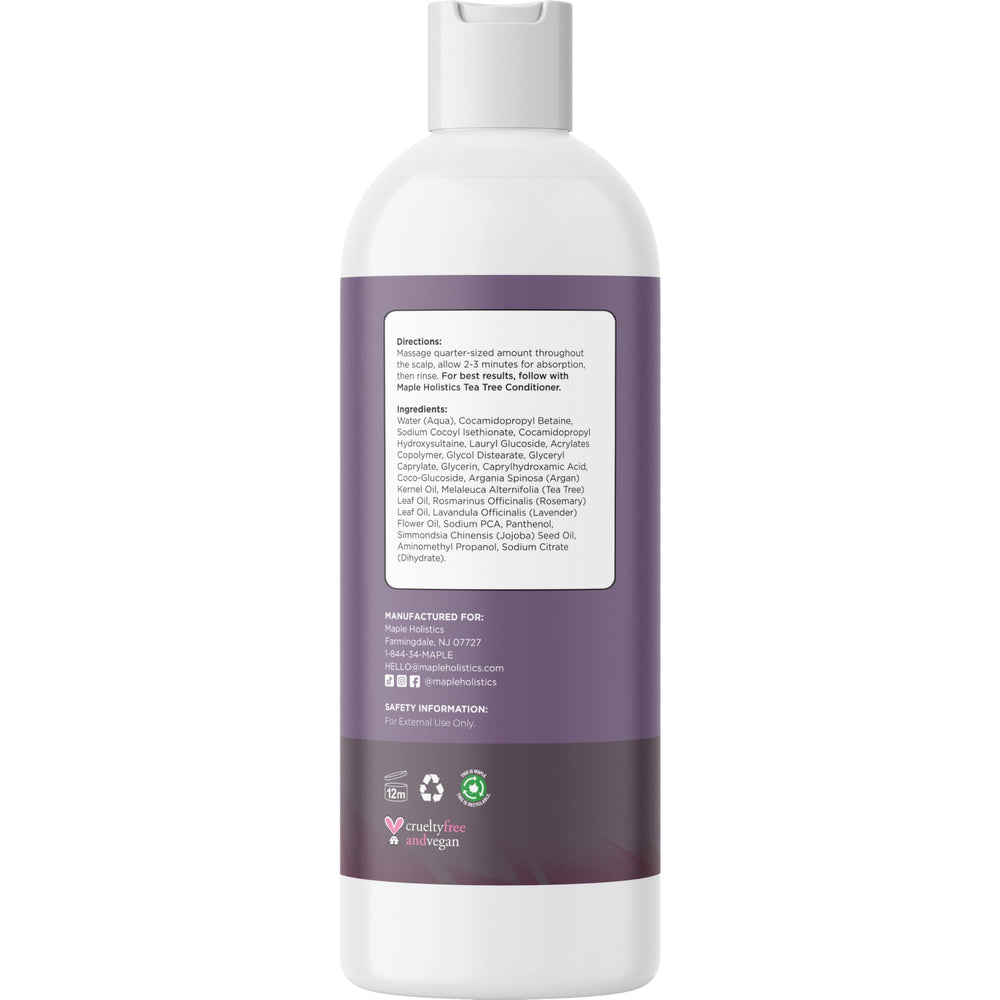 Maple Holistics Tea Tree Shampoo bottle emphasizes tea tree oil aromatherapy benefits.