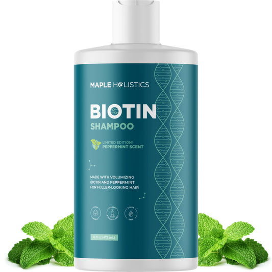 Maple Holistics volumizing biotin shampoo bottle for fuller-looking hair.