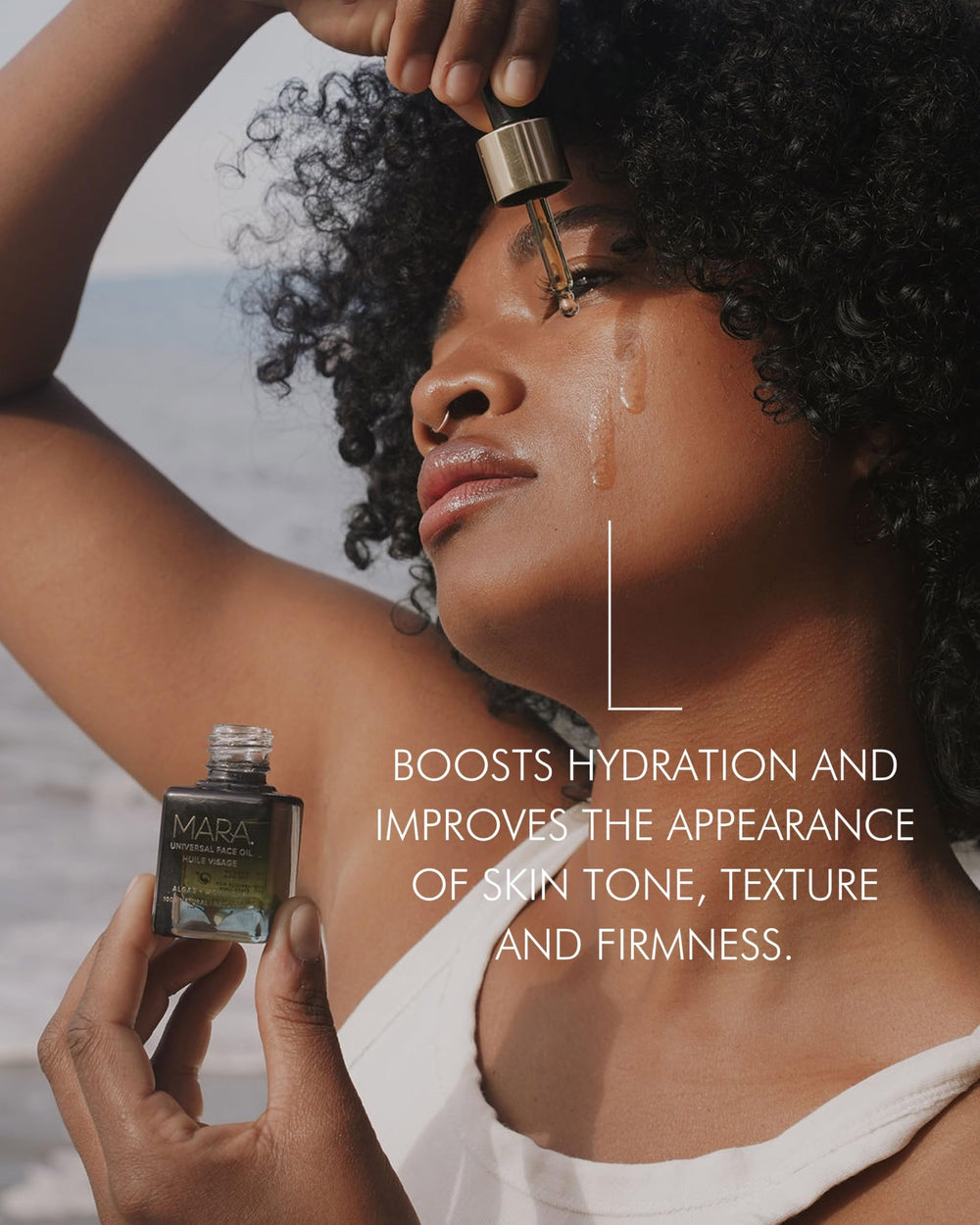 MARA Universal Hydrating Face Oil glow radiance closeup shows a silky finish