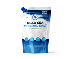 Marco Esra Dead Sea salts packaging close-up highlights mineral-rich formula for skin nourishment.