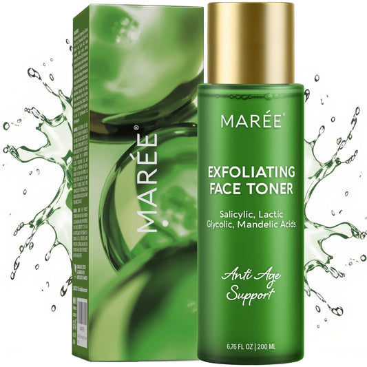 MAREE Exfoliating Toner bottle pour shows a lightweight formula for daily exfoliation.