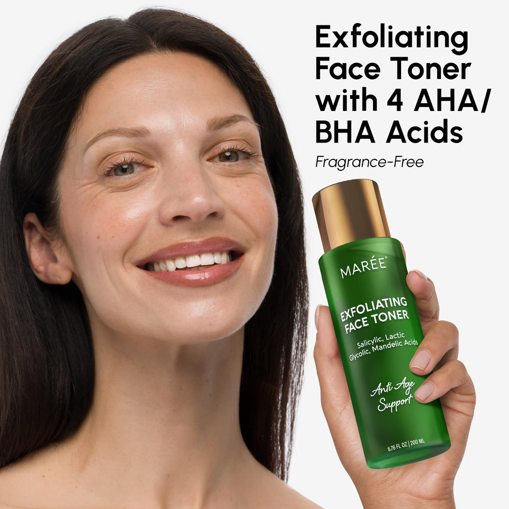MAREE Exfoliating Toner front view highlights sleek packaging and quick absorption.