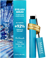 MAREE eyelash serum bottle shows compact design for at-home lash and brow care.