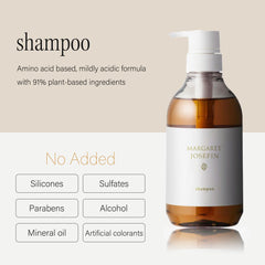 MARGARET JOSEFIN Japanese Shampoo free-from icons show no sulfates, parabens, alcohol, silicones