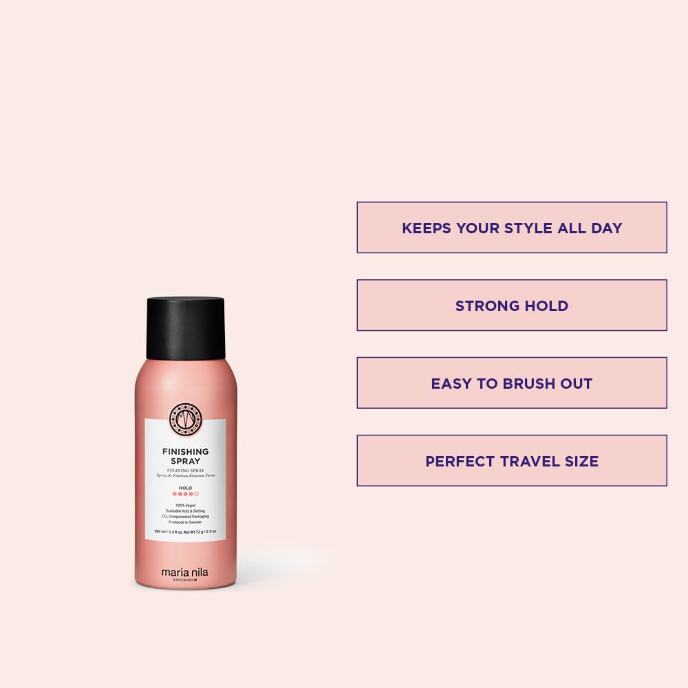 Maria Nila Finishing Spray applied after blow-drying on styled hair for lasting, brushable hold.