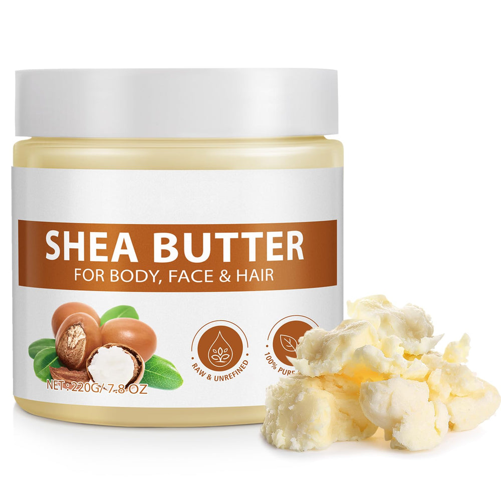 Mariayu Shea Butter jar on wood showcases versatile all-in-one moisturizer for skin and hair