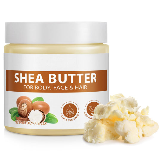 Mariayu Shea Butter jar on wood showcases versatile all-in-one moisturizer for skin and hair