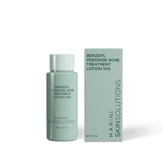Marini SkinSolutions benzoyl peroxide acne lotion bottle showing 5% formula for pore care.