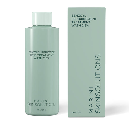 Marini SkinSolutions benzoyl peroxide wash bottle front showing acne care focus.