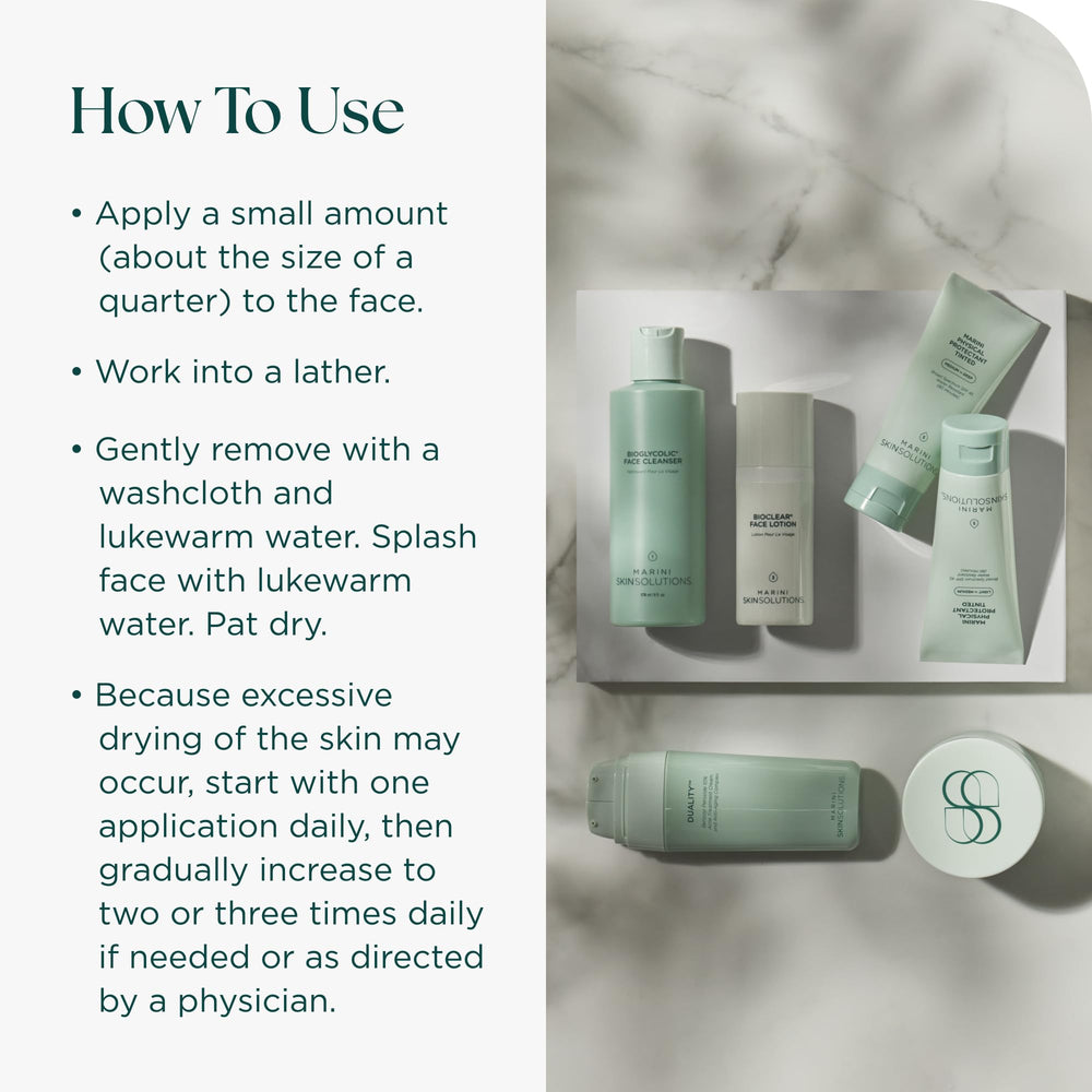 Marini SkinSolutions benzoyl peroxide wash USA-made label emphasizes quality and safety.