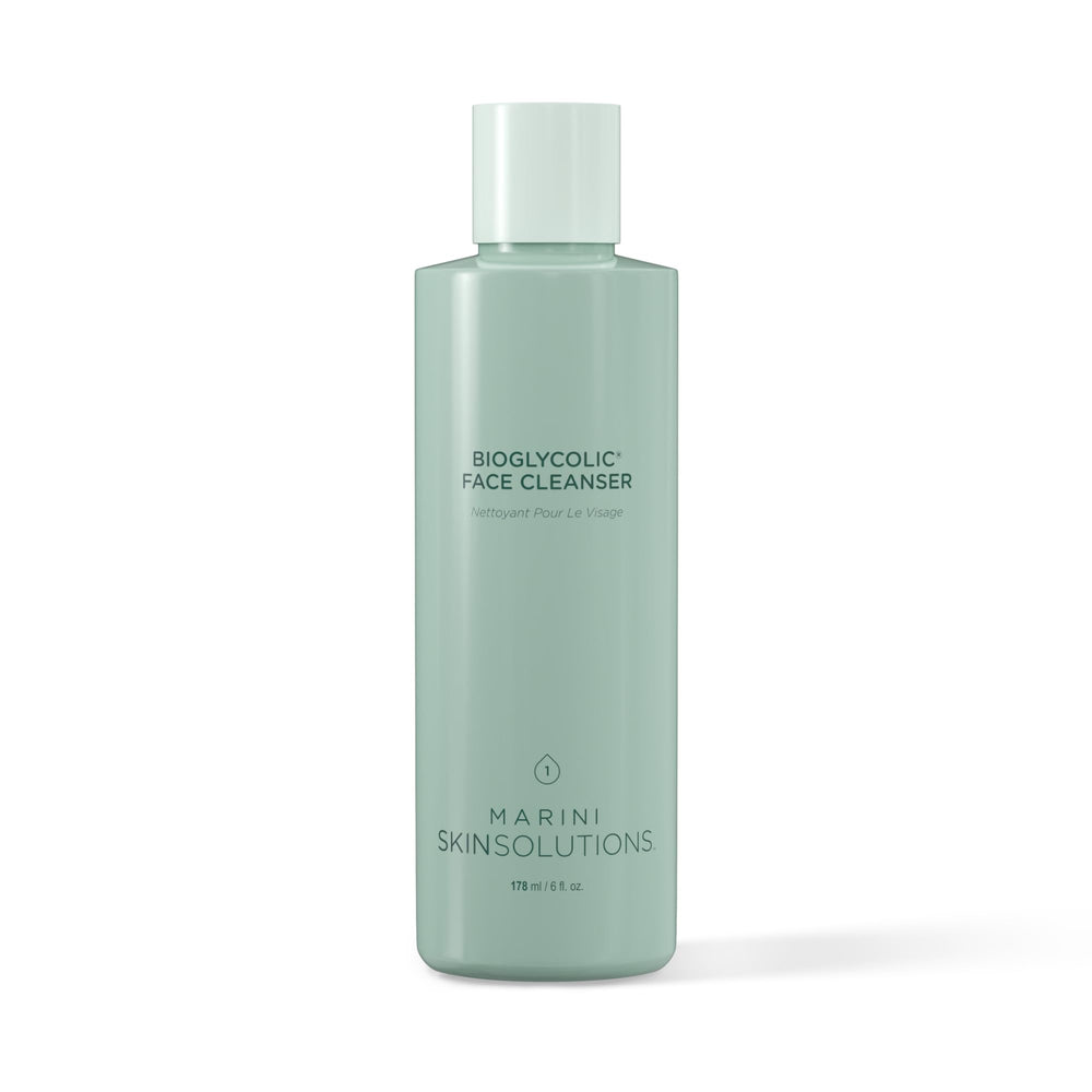 Marini SkinSolutions Bioglycolic Face Cleanser bottle on counter for gentle resurfacing cleanse