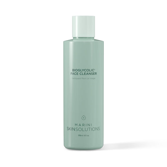 Marini SkinSolutions Bioglycolic Face Cleanser bottle on counter for gentle resurfacing cleanse