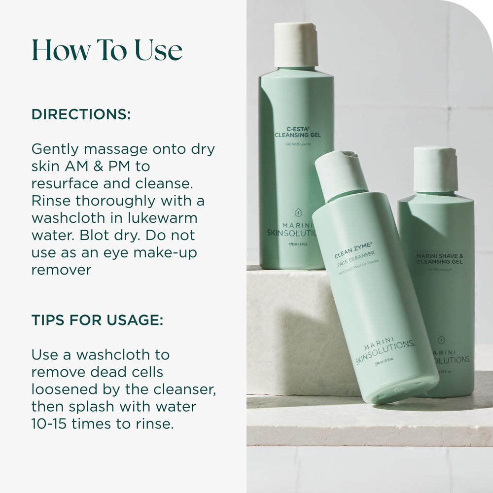 Marini SkinSolutions Clean Zyme bottle pictured in a bathroom routine