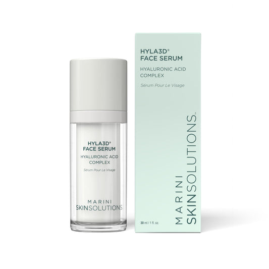 Marini SkinSolutions Hyla3D serum bottle showing lasting hydration on skin