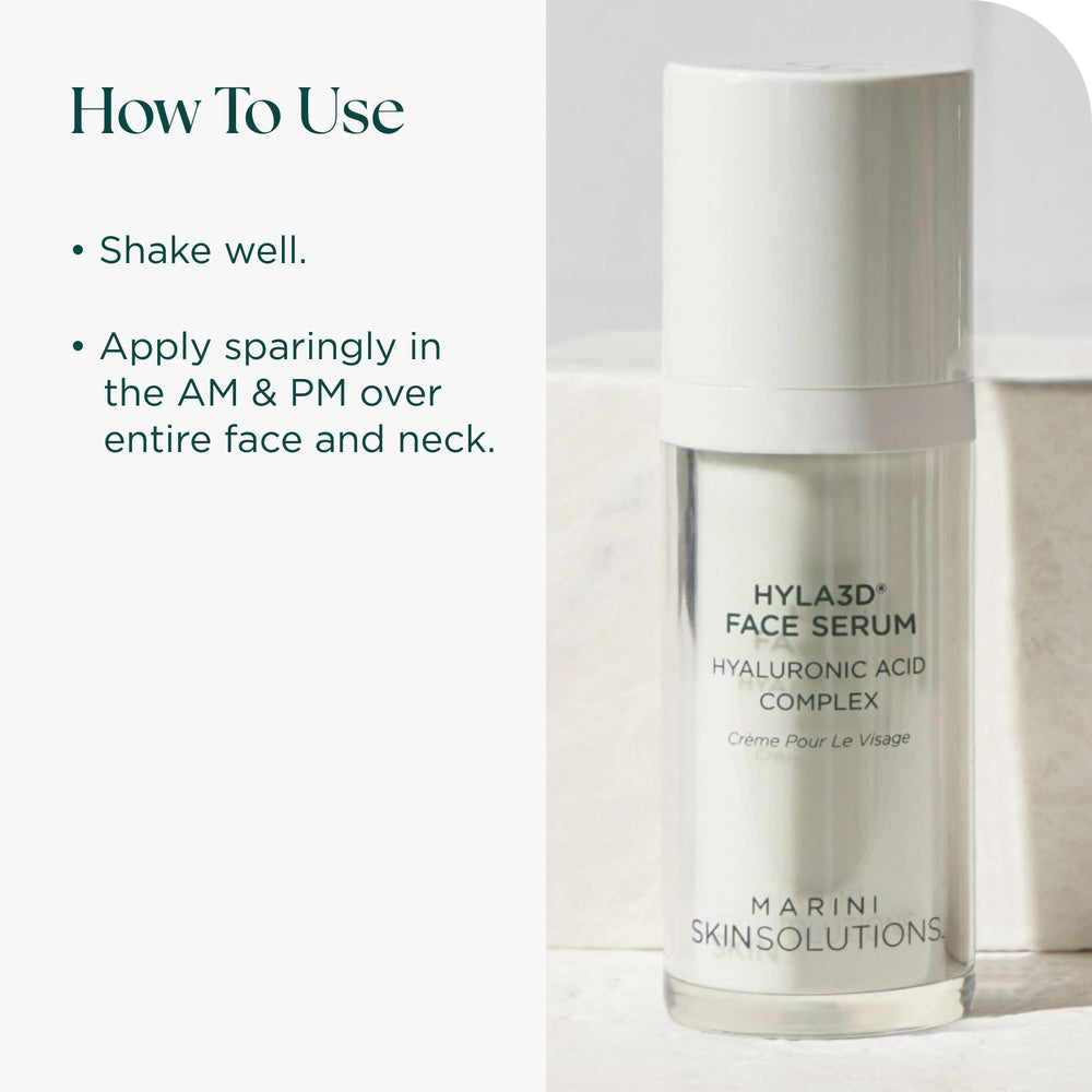 Marini SkinSolutions Hyla3D serum packaging box emphasizing USA quality