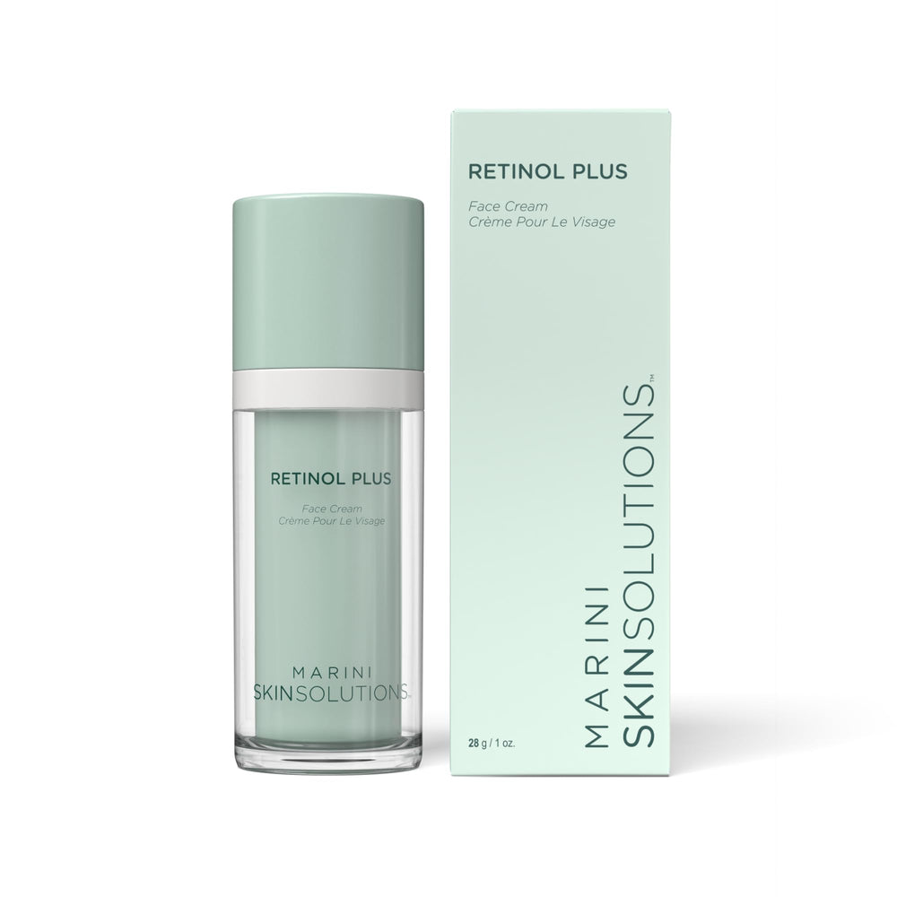 Marini SkinSolutions Retinol Plus bottle closeup highlighting anti-aging formula for smoother skin.