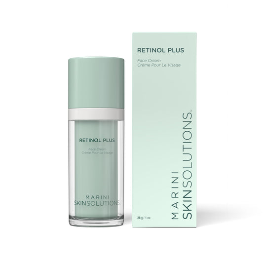 Marini SkinSolutions Retinol Plus bottle closeup highlighting anti-aging formula for smoother skin.