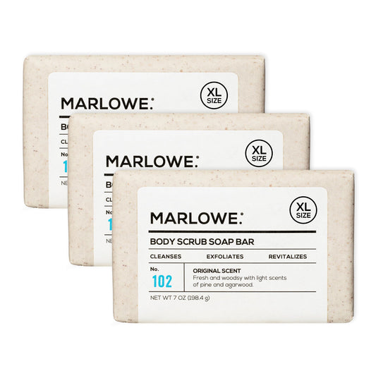 MARLOWE No. 102 body scrub soap three-bar pack for extended exfoliation