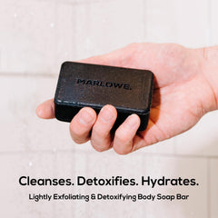 MARLOWE No. 106 charcoal soap 3-bar pack ready for daily use.