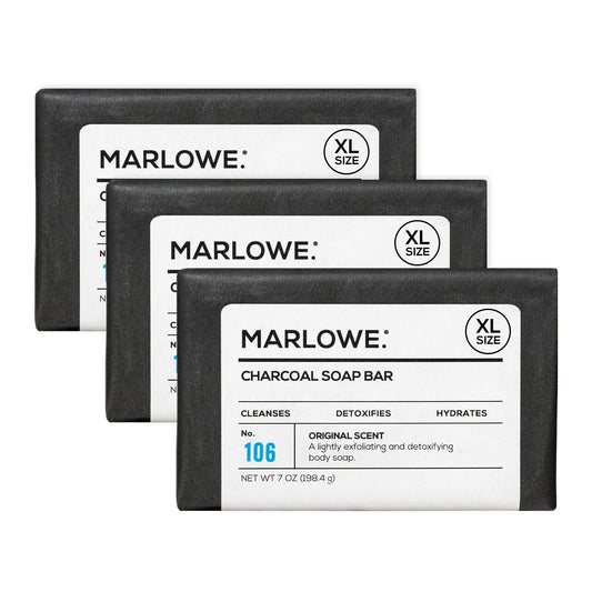 MARLOWE No. 106 charcoal soap close-up showcasing purifying cleanse and rich lather.