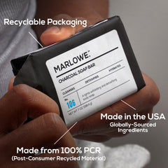 MARLOWE No. 106 charcoal soap with olive oil and green tea extracts.