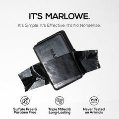 MARLOWE No. 106 charcoal soap vegan formula with clean, cruelty-free ingredients.