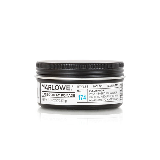 Marlowe No. 174 pomade jar front with classic design and conditioning formula.