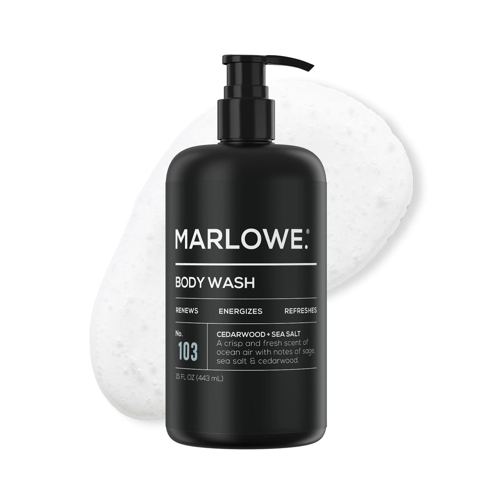 MARLOWE No.103 body wash bottle with cedarwood-sea-salt for an energizing shower.